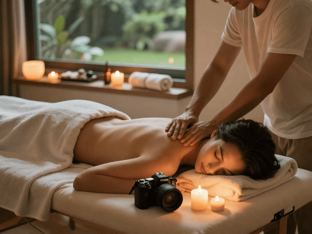 A young adult enjoying a soothing 산본출장안마 at home, surrounded by calming candles and massage oils.