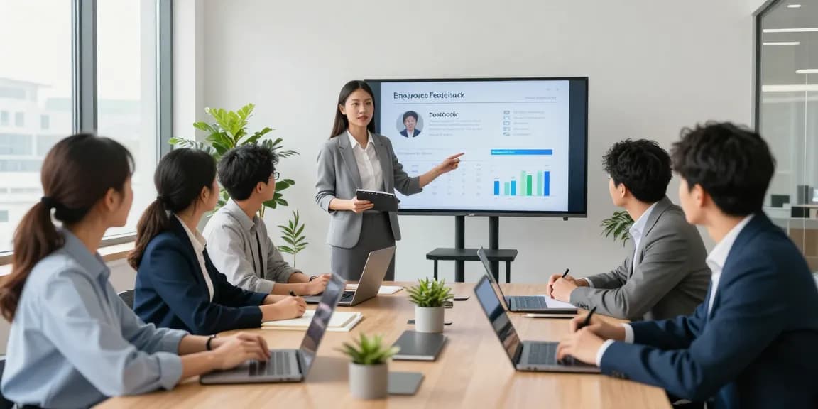 Wertschätzung Arbeit: Teamarbeit und Feedbackkultur in modernem Büro.