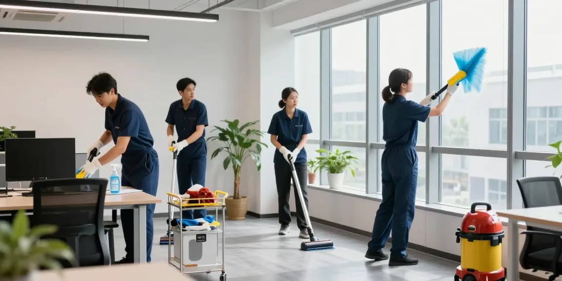 Professionelle Gebäudereinigung Düsseldorf in modernem Büro mit Reinigungspersonal