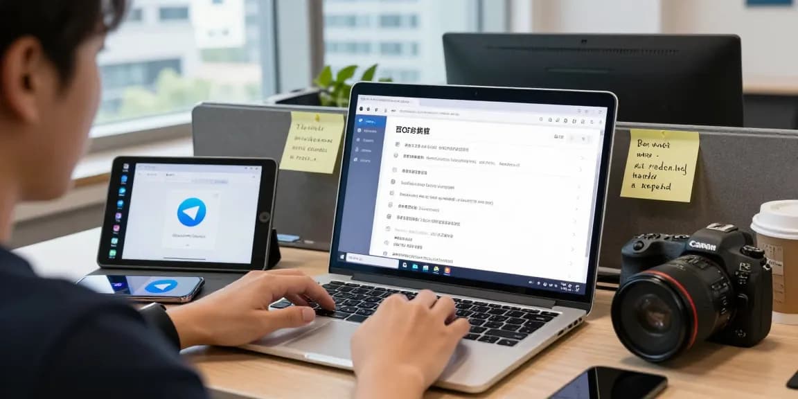 Customize Telegram Chinese interface with detailed settings on a laptop in a bright tech workspace.