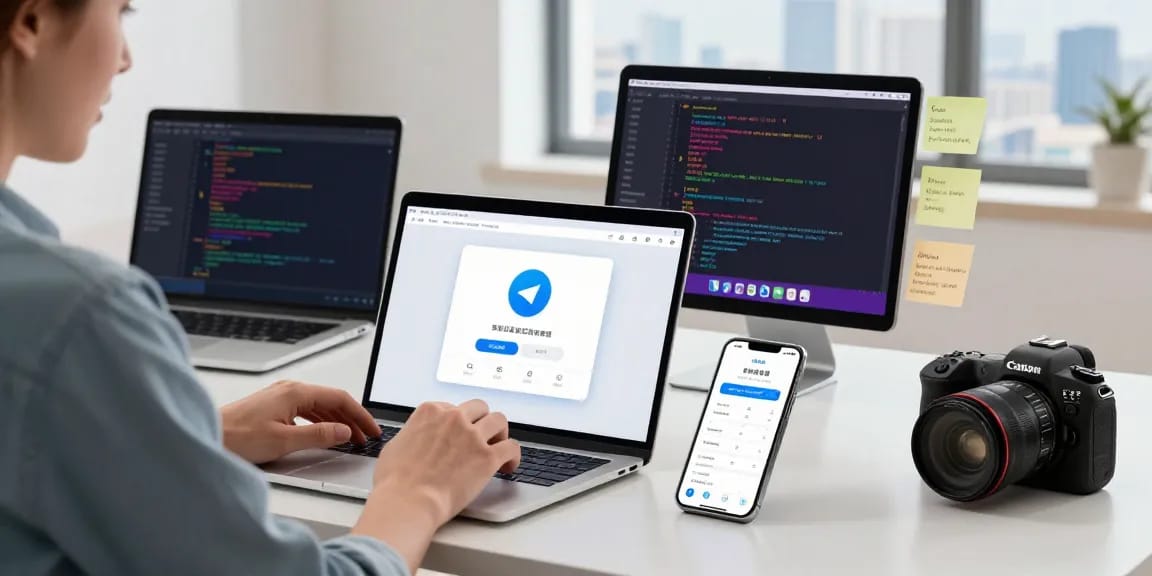 Person configuring Telegram中文 settings in a modern workspace with multiple devices displaying the app.