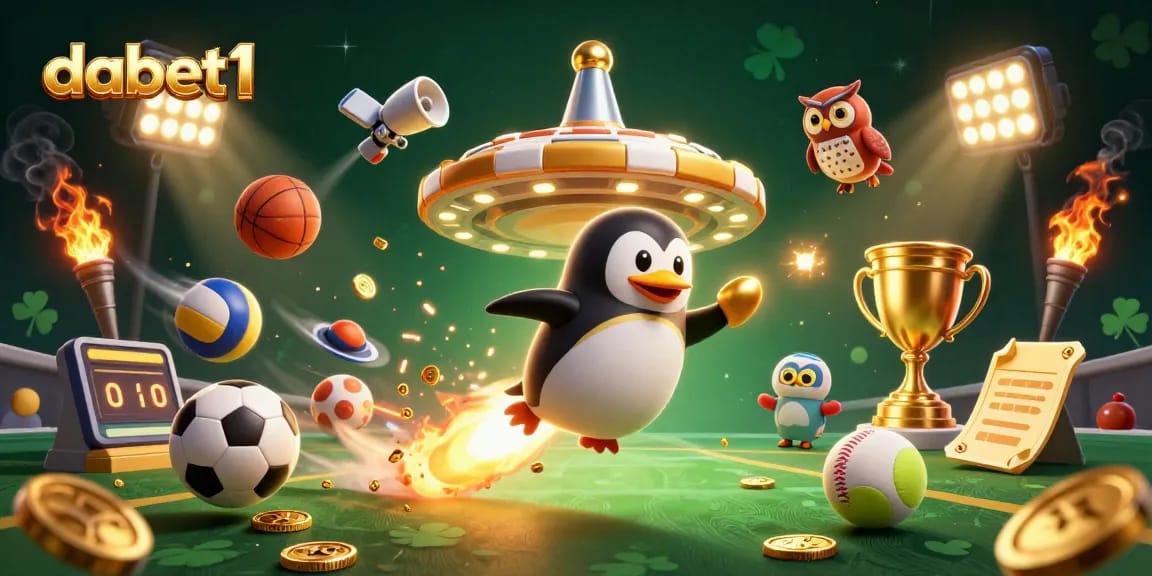 Experience dabet1 with a vibrant, ultra-detailed 3D illustration showcasing a golden penguin in an active casino scene.