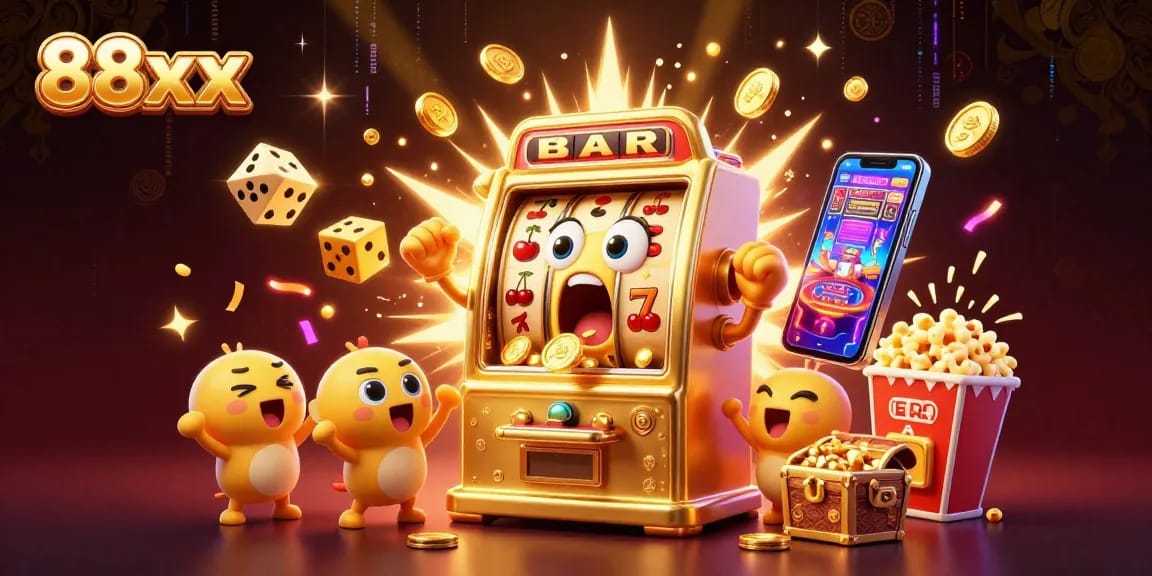 Experience thrilling wins with 88xx's animated slot machines celebrating jackpots, surrounded by dynamic casino imagery.