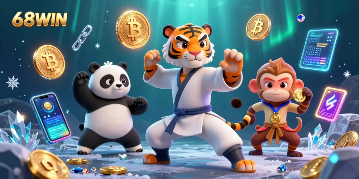 Engage with thrilling gaming at 68WIN, where a kung fu tiger master showcases winning strategies against a backdrop of neon crypto elements.