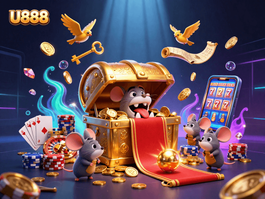 Experience U888's thrilling gaming treasures with vibrant 3D illustrations of exciting casino elements.
