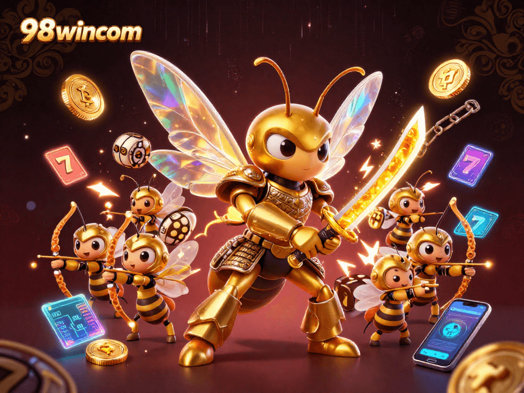Engage with 98wincom’s vibrant casino scene featuring a golden hornet samurai and dynamic slot elements.