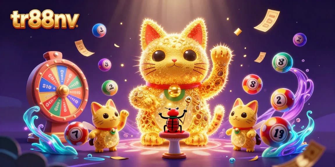 Experience the excitement of tr88nv with golden fireflies and casino symbols in a vibrant 3D illustration.