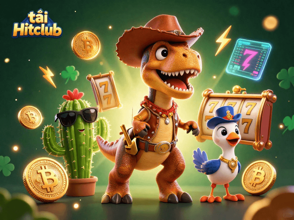 Bet and win with tải Hitclub in this vibrant casino-themed digital illustration featuring diverse characters.
