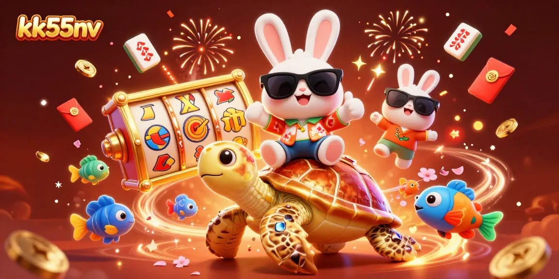 Spin to win at kk55nv with a lucky rabbit and treasures in a vibrant casino scene