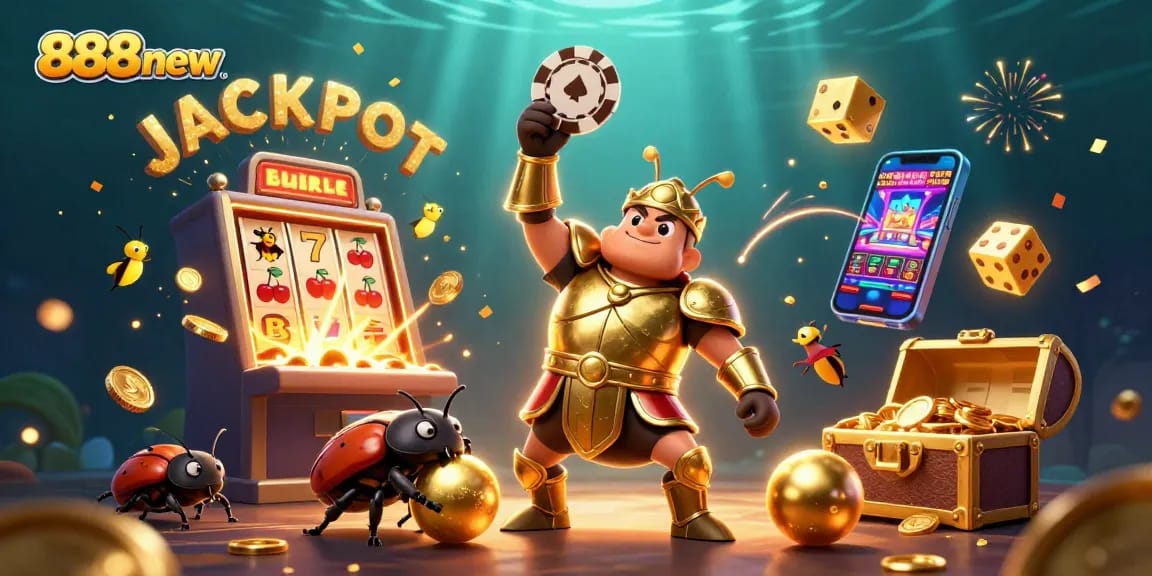 Experience thrilling wins with 888new as cartoon beetles celebrate a jackpot in a vibrant casino scene.