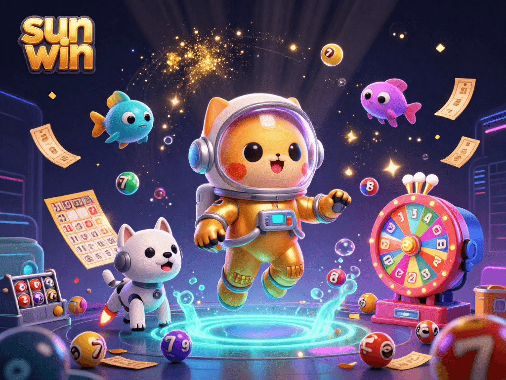 Experience sun win with a vibrant 3D illustration featuring a cartoon astronaut cat amidst dynamic casino elements like bingo cards and lottery balls.