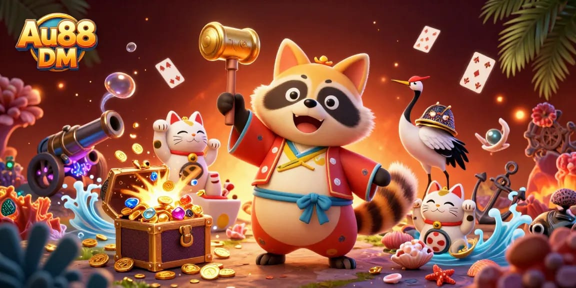 Experience thrilling wins with Au88 DM at this vibrant cartoon casino scene.
