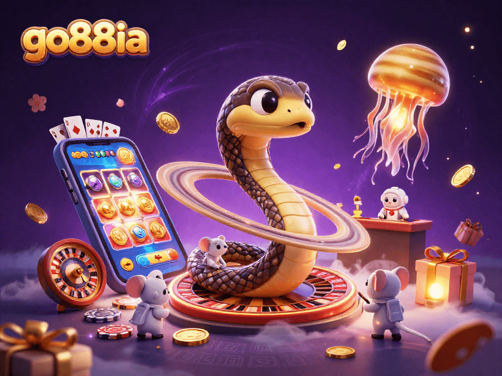 Engaging scene with go88ia showcasing a Saturn ring snake as a roulette wheel and cosmic dealer jellyfish.