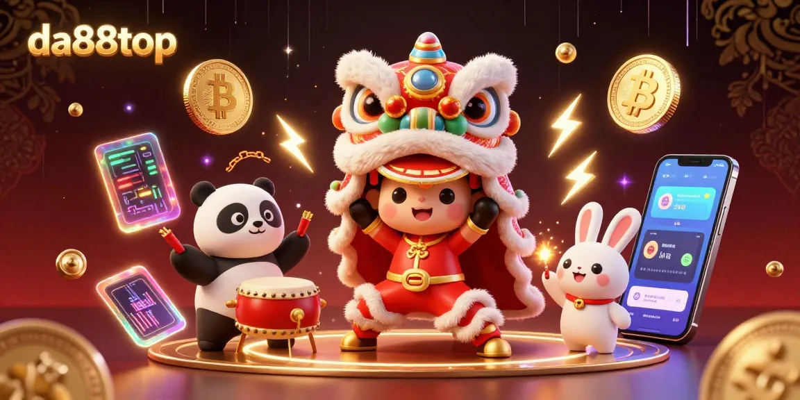 Celebrate winning strategies at da88top with a vibrant 3D casino-themed illustration showcasing crypto elements and festive characters.