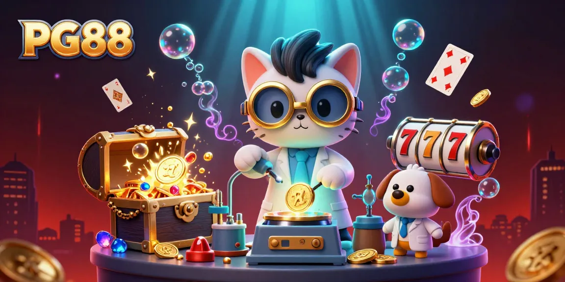 Spin the reels at PG88 while the mad scientist cat and dog create winning gold!