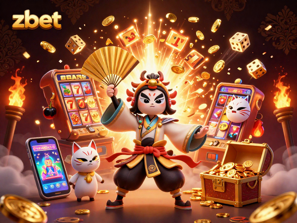 Experience zbet's thrilling jackpot with a vibrant 3D scene featuring games, characters, and dynamic elements.