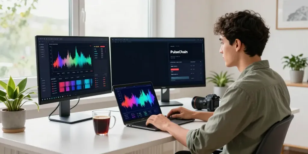 Trendy cryptocurrency trading workspace scene featuring internet-money analytics and digital wallets.