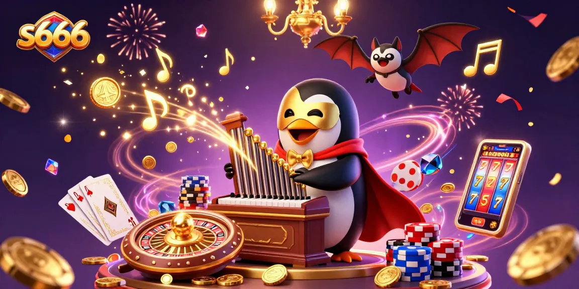 S666 casino experience featuring a 3D cartoon penguin playing a golden organ amid dazzling coins and vibrant game elements.