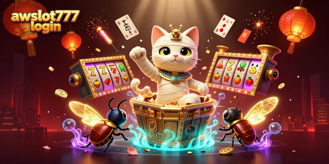 Experience awslot777 login with a thrilling scene featuring a mummy cat in a dynamic casino world.