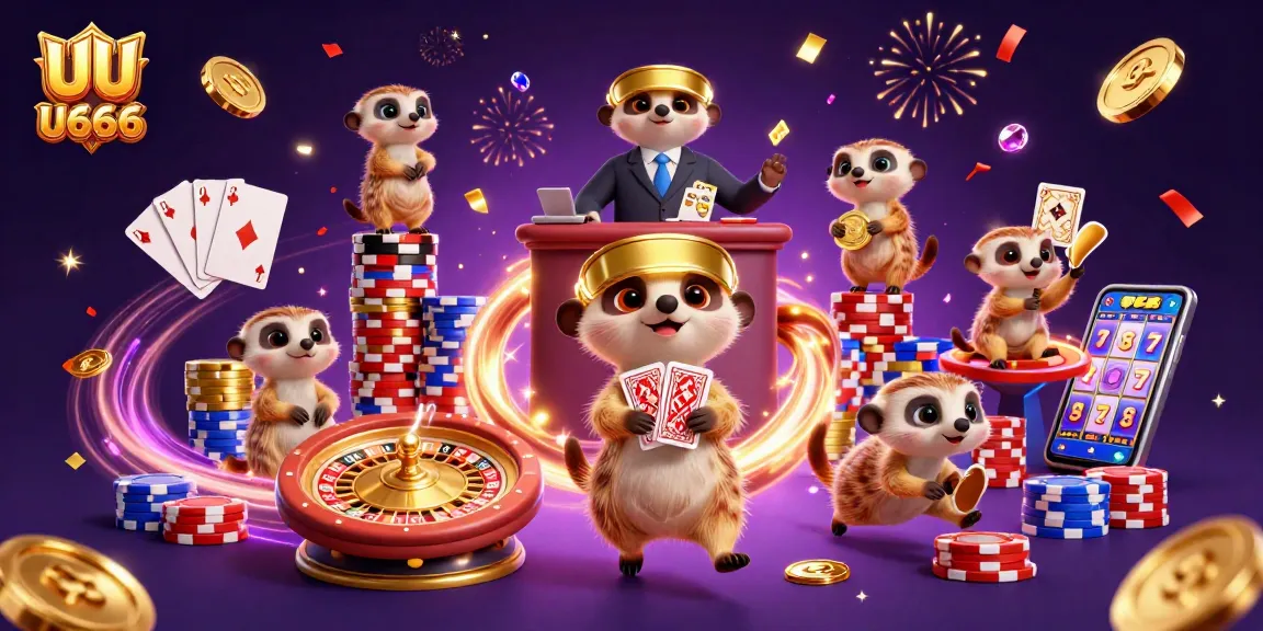 Experience the excitement of UU666 with vibrant meerkats managing a lively casino scene filled with jackpots and rewards.