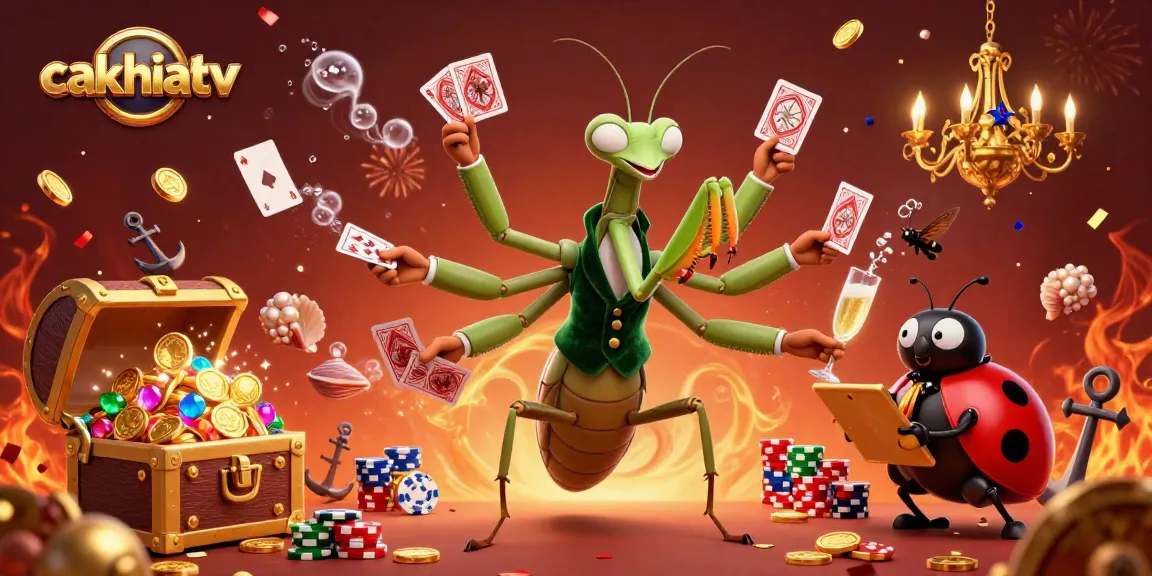 Cakhiatv showcases a vibrant celebration scene with a giant praying mantis card sharp and ladybug pit boss amidst gaming elements.