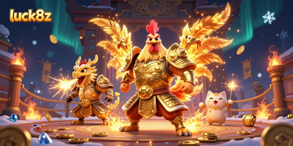 Engage with luck8z at thrilling cockfighting arenas showcasing a warrior rooster and dragon hatchling.