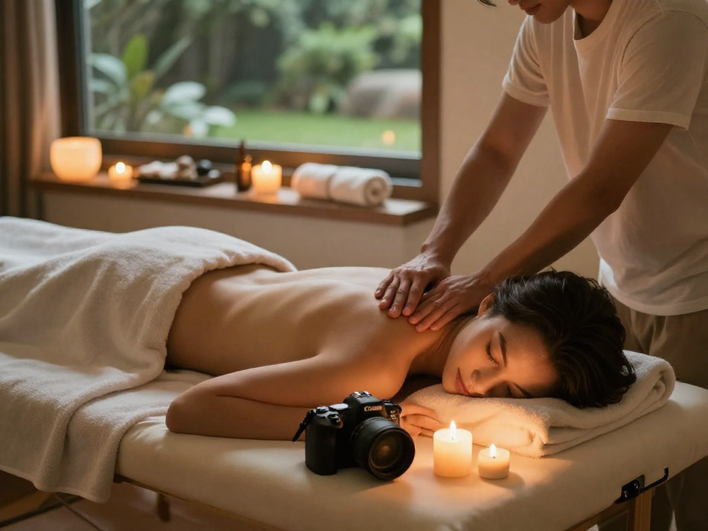 A young adult enjoying a soothing 산본출장안마 at home, surrounded by calming candles and massage oils.