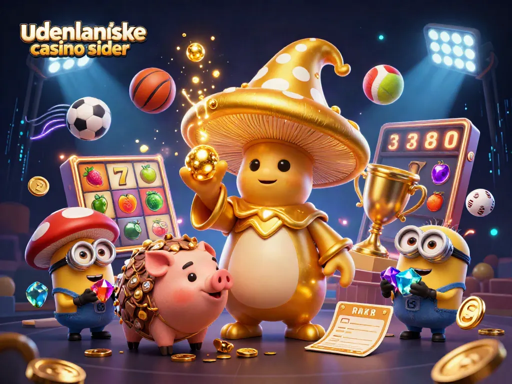 Engage with udenlandske casino sider featuring a magical scene of a golden mushroom wizard and treasure hunting pig amidst vibrant casino elements.