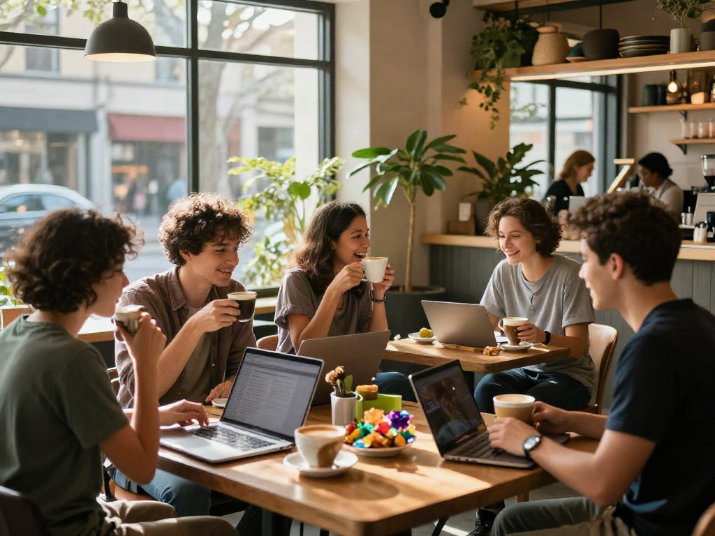 Social scene at a coffee shop showcasing rokok88 alternatif and vibrant connections.