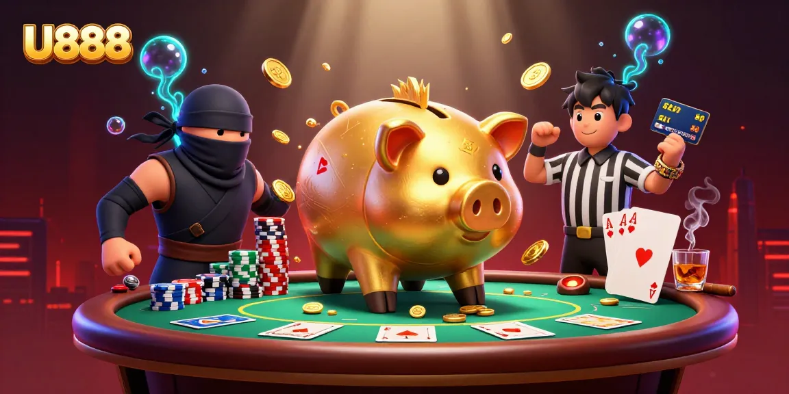 Experience U888's exciting gaming with a vibrant illustration featuring characters and poker elements.