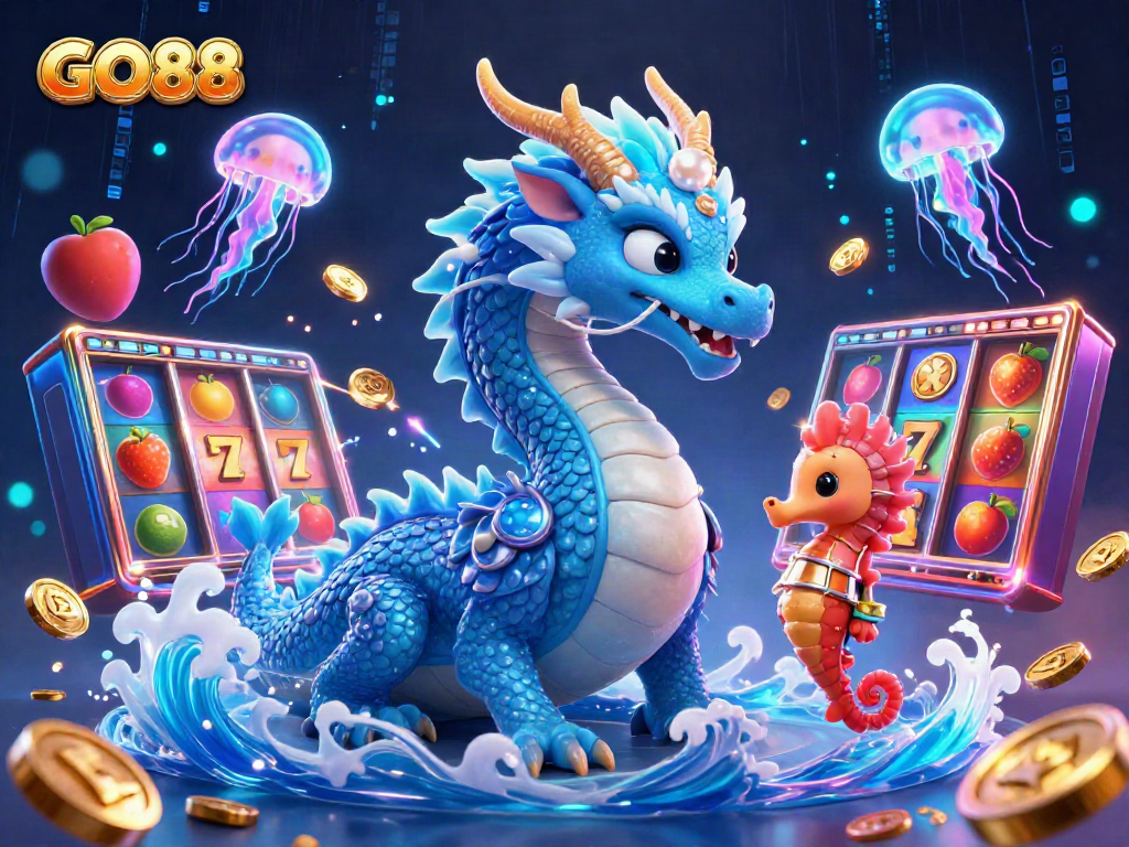 Engage with GO88's vibrant gaming adventure in this 3D illustration featuring a water dragon and casino elements.