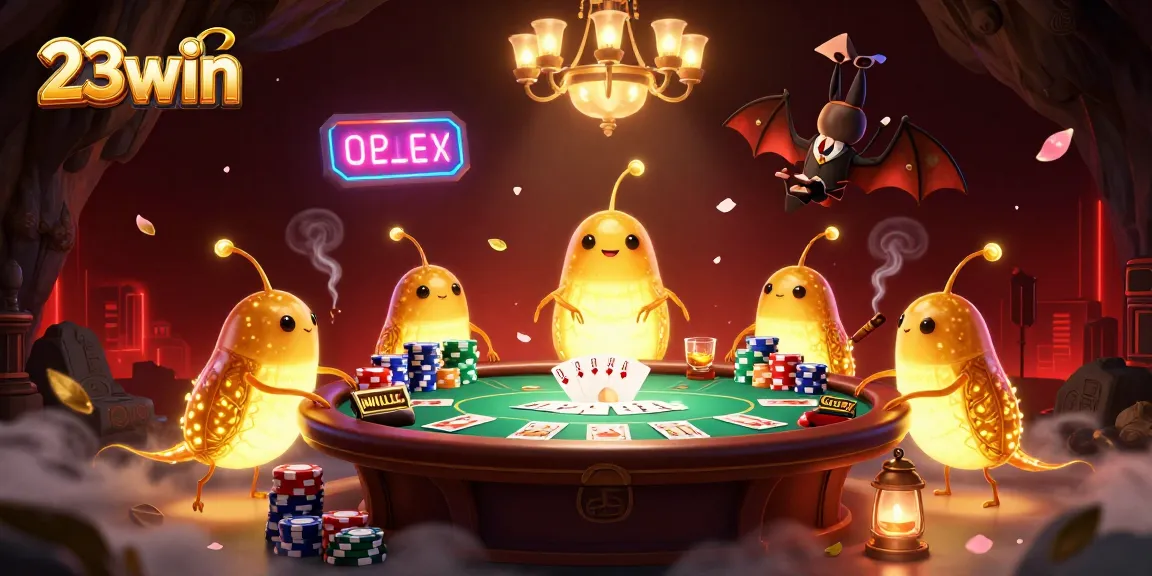 Play poker at 23win's vibrant cave casino with glowing glowworm characters and bat dealer.