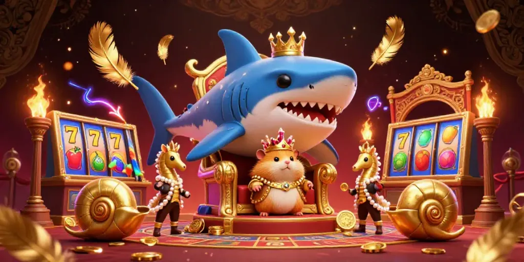 Engage with situs slot gacor through vibrant casino scenes featuring a hamster king and swirling golden elements.