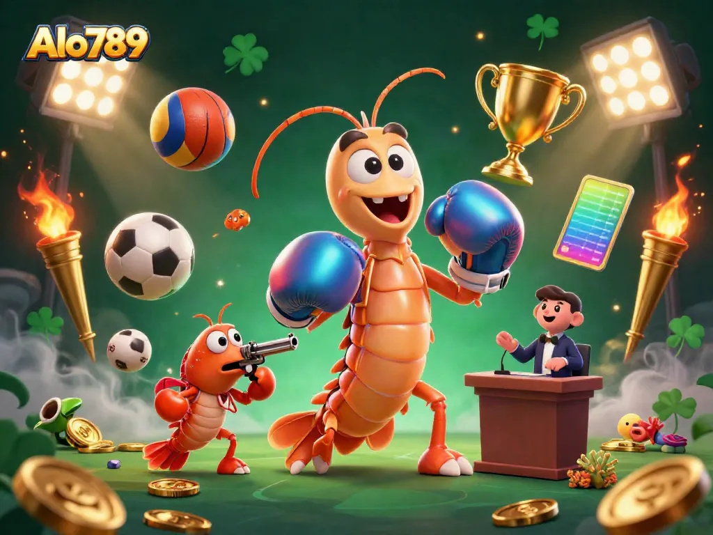 Alo789 features a dynamic 3D illustration with a mantis shrimp and sports elements representing exciting gambling action.