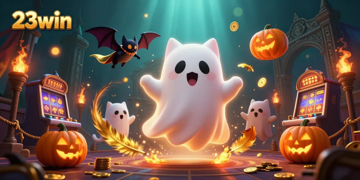 Float with the ghost cat and vampire bat in the thrilling 23win haunted casino scene, alive with glowing poker pumpkins.