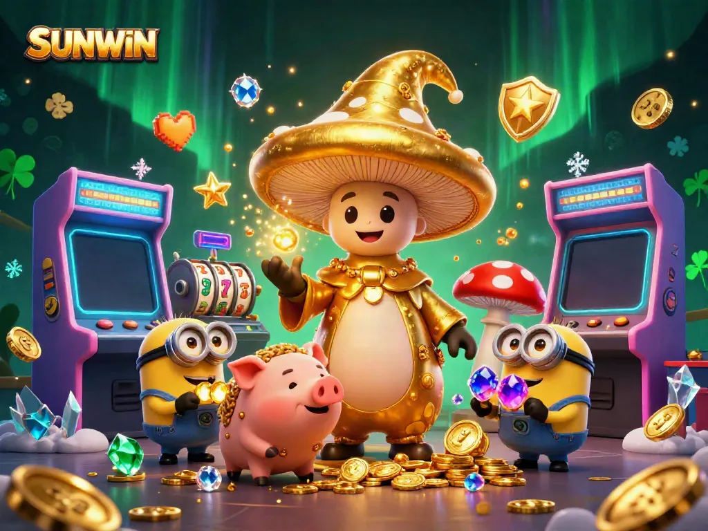 SUNWIN captivates players with a whimsical 3D scene featuring a golden mushroom wizard, playful pig, and minions in a vibrant casino world.