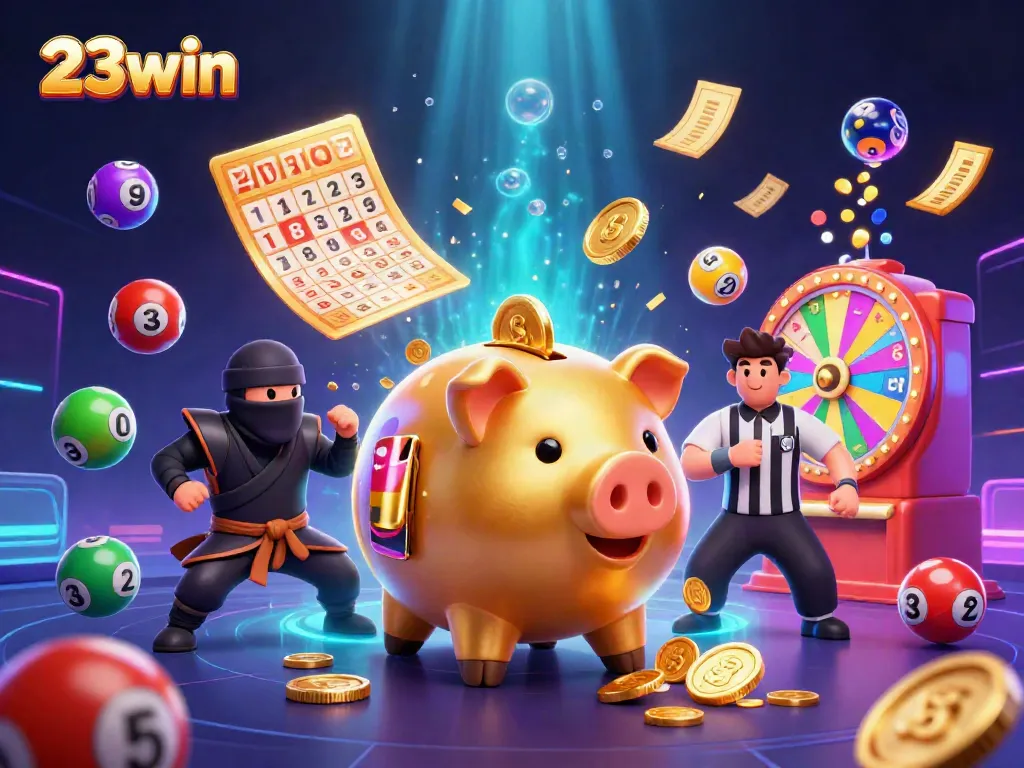 Experience thrilling action at 23win with a unique golden piggy bank sumo wrestler amongst lottery excitement.
