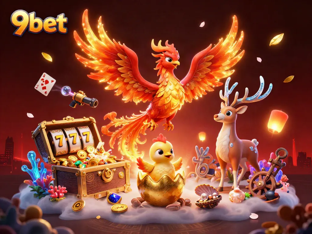 Engage in thrilling slots with 9bet featuring dynamic phoenix and treasure-filled game scene.