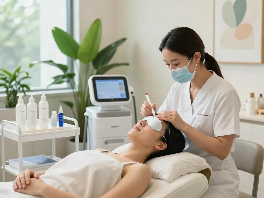 Professionelle Behandlung zur Augenringe abdecken mit CCeye® in Beautysalon, entspannte Atmosphäre.