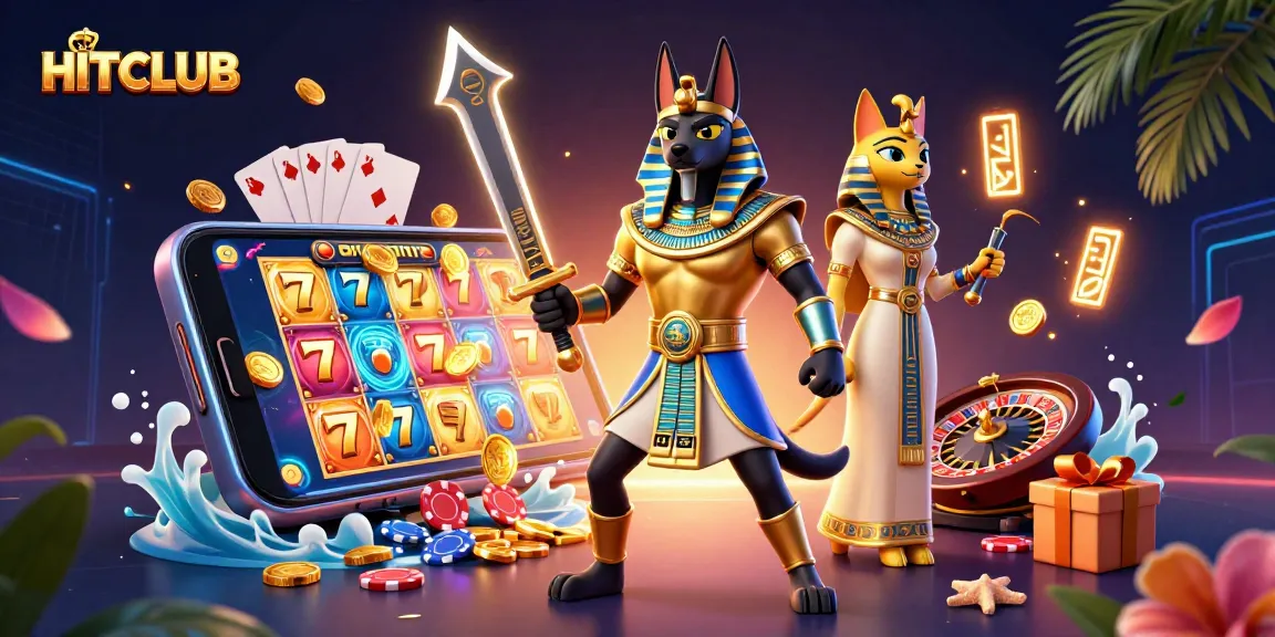 Experience the excitement of HITCLUB with ancient Egyptian characters and vibrant slot game elements.