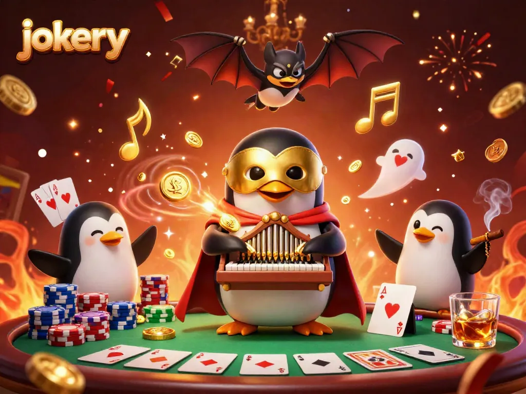Experience the thrill of jokery with a vibrant casino scene featuring a playful penguin and poker excitement.