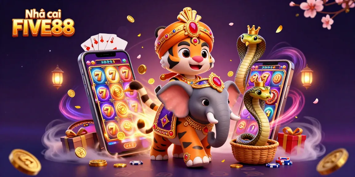 Engage with thrilling games at Nhà cái FIVE88, featuring a vibrant 3D casino scene with slots and colorful characters.