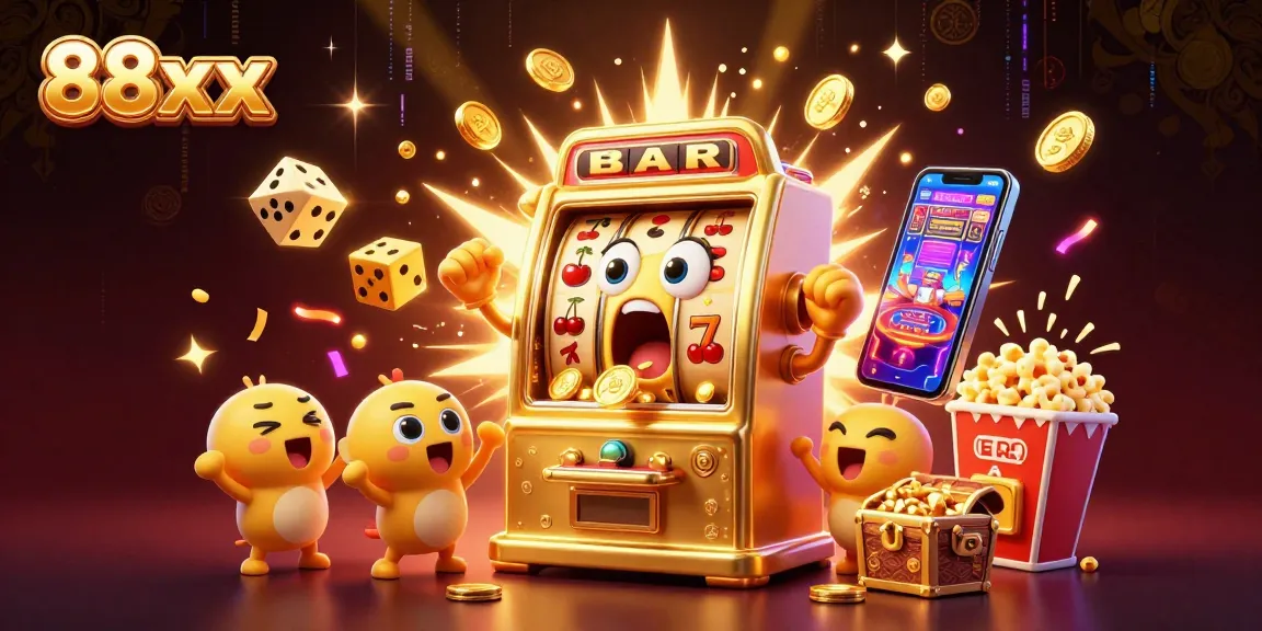 Experience thrilling wins with 88xx's animated slot machines celebrating jackpots, surrounded by dynamic casino imagery.