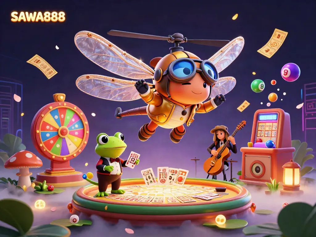 Experience thrilling games with SAWA888 at the lily pad casino, featuring dynamic characters in an enchanting atmosphere.