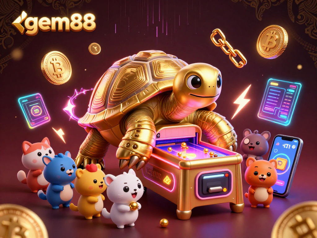 Play exciting games at gem88 with dynamic 3D characters and cryptocurrency elements in a vibrant atmosphere.