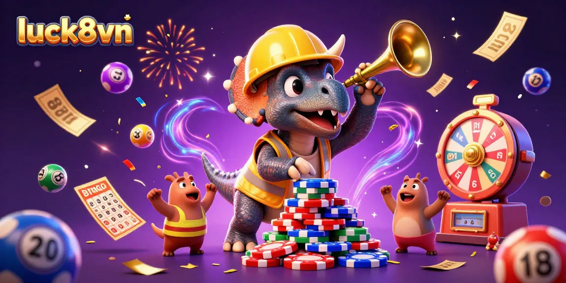 Join the excitement of luck8vn as the triceratops builds a pyramid of chips amidst lively gaming activities.