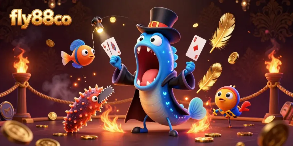 Engage with the thrilling experience at fly88co as a bioluminescent eel performs magic in this vibrant casino scene.