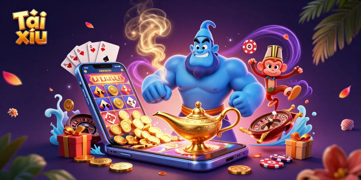 Engage in Tài xỉu with a magical 3D genie scene showcasing colorful gambling elements.