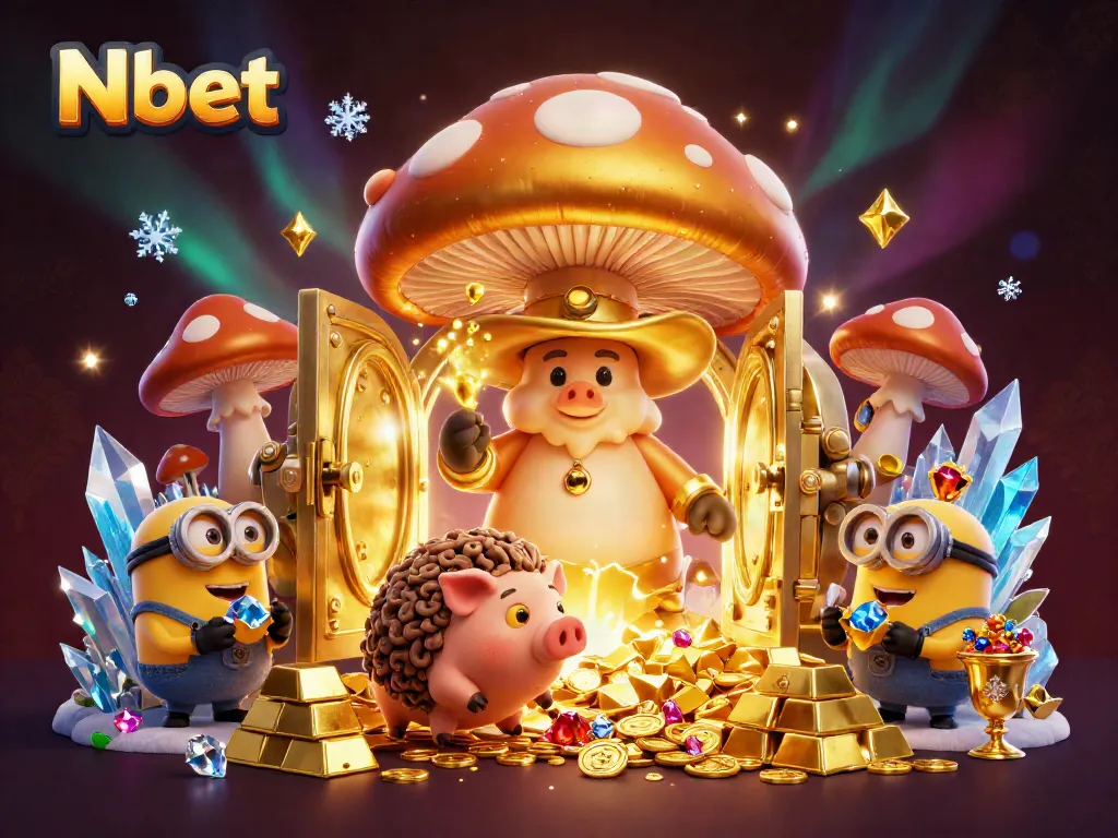 Experience the magic of Nbet with enchanting characters and golden treasures in a vibrant casino scene.