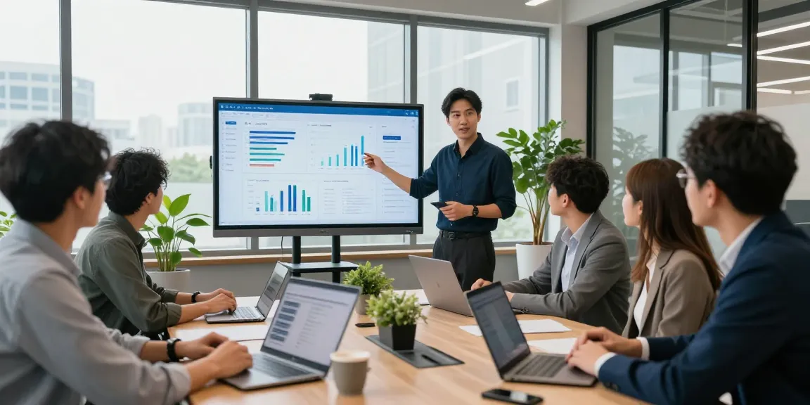 SEO-Freelancer präsentiert digitalen Bericht in modernem Büro mit Teamzusammenarbeit.